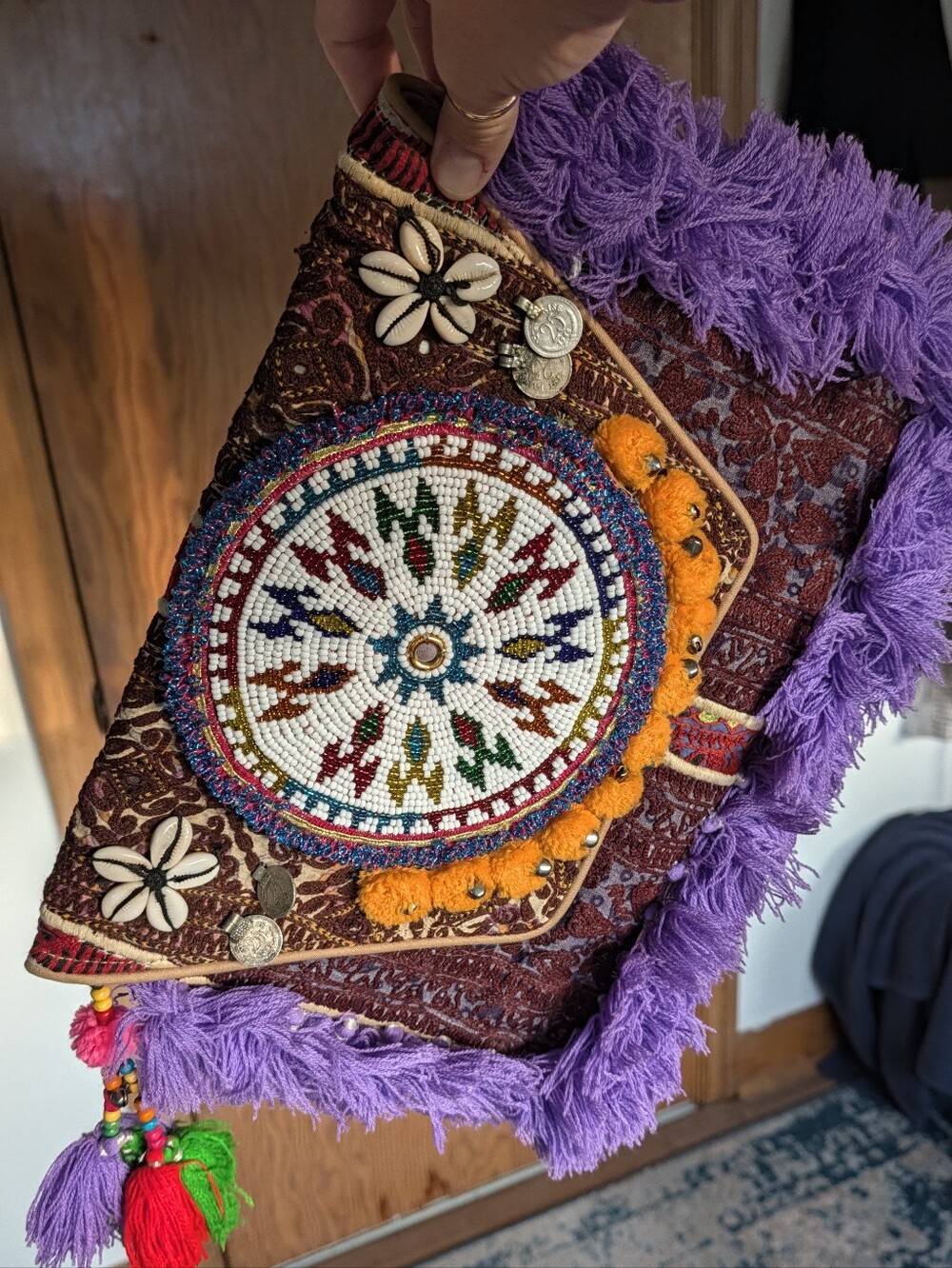Made In India Boho Purple Fringe Beaded Medallion Clutch